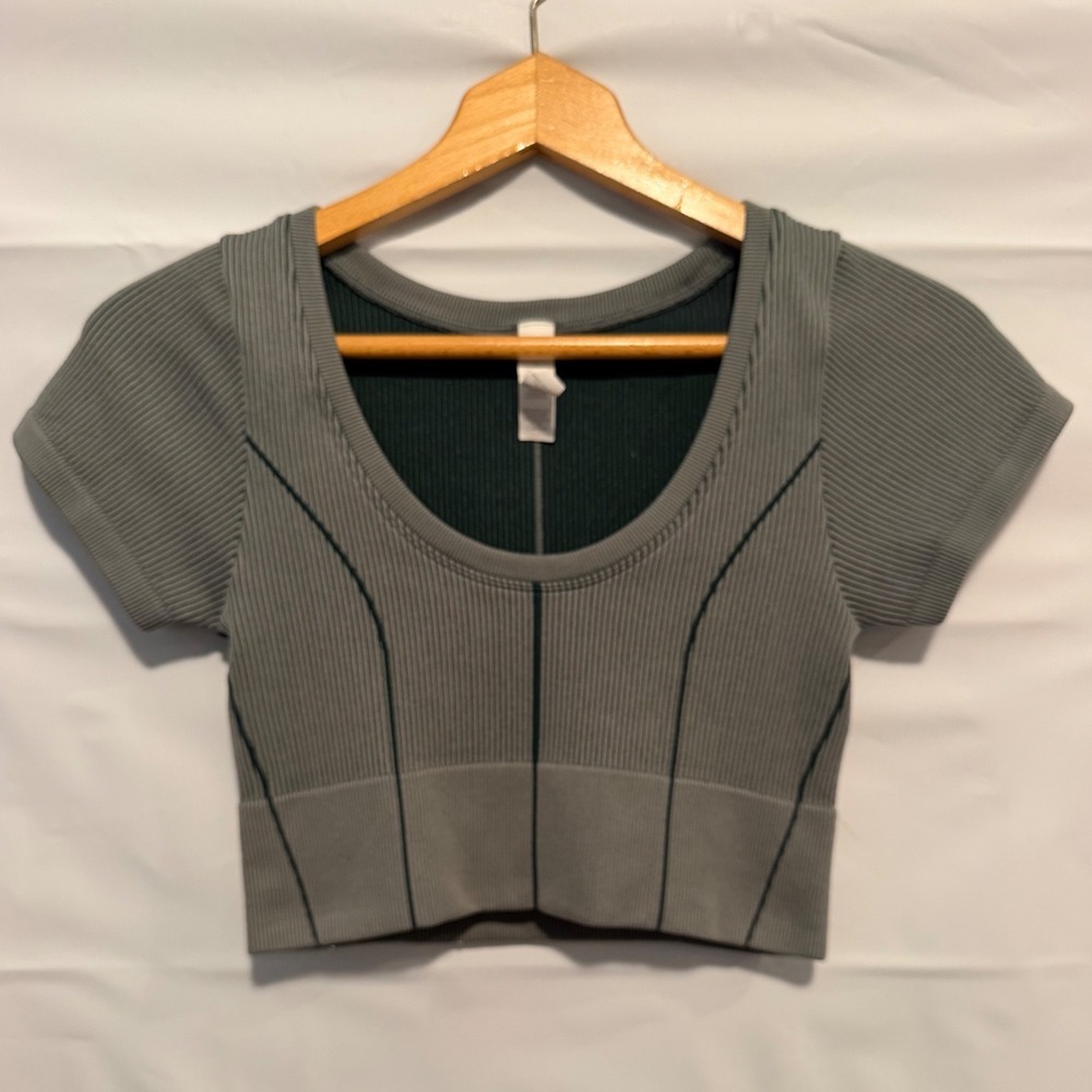 OFFLINE by Aerie Ribbed Seamless Crop Top Sage Green Short Sleeve Small